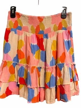 NWT THML Anthropologie Abstract Tiered Smocked Mini Skirt sz S